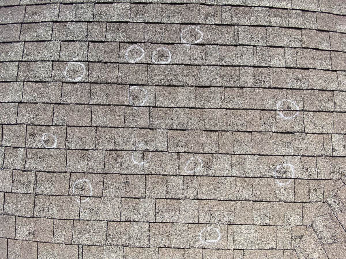 Wide view of a shingle roof with numerous hail impacts marked during a Presley Roofing inspection